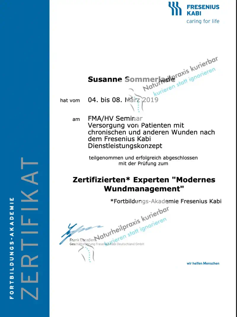 Zertifikat Modernes Wundenmanagement nach Fresenius Kabi