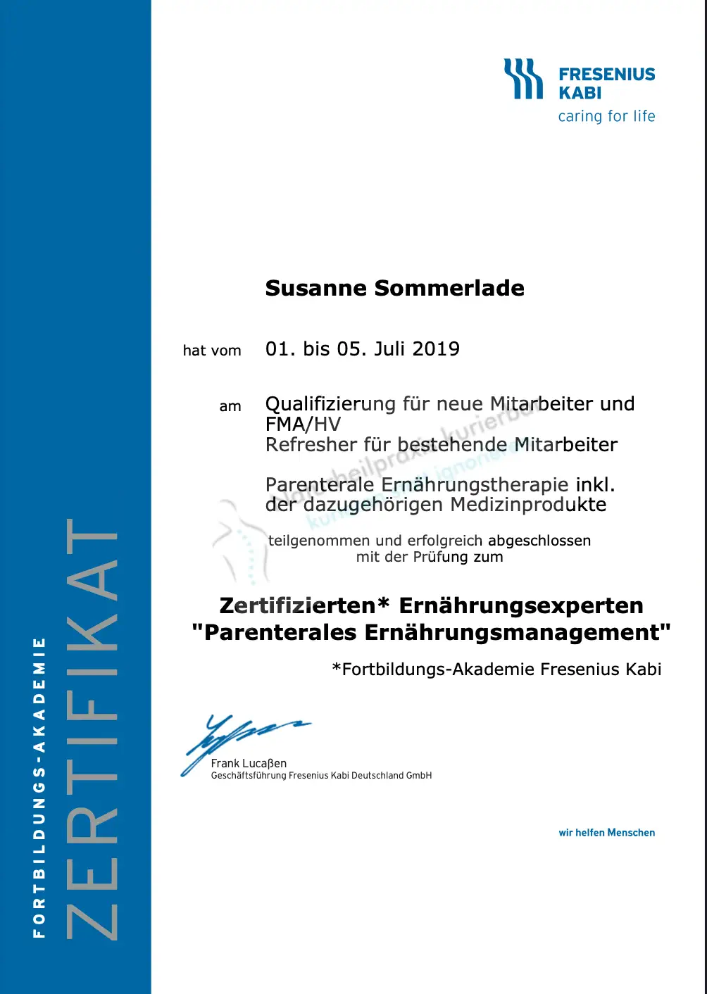 Susanne Sommerlade - Zertifizierung als Ernährungsexpertin
